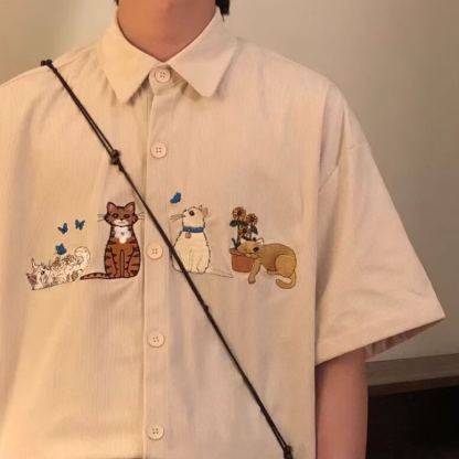 復古貓咪刺繡卡通文藝休閒短袖襯衫