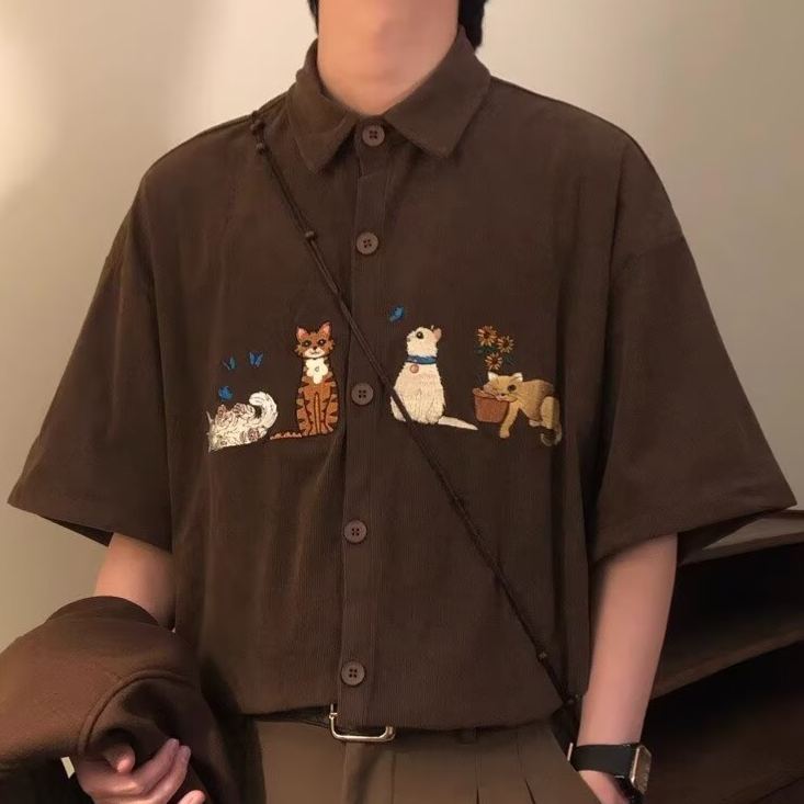 復古貓咪刺繡卡通文藝休閒短袖襯衫