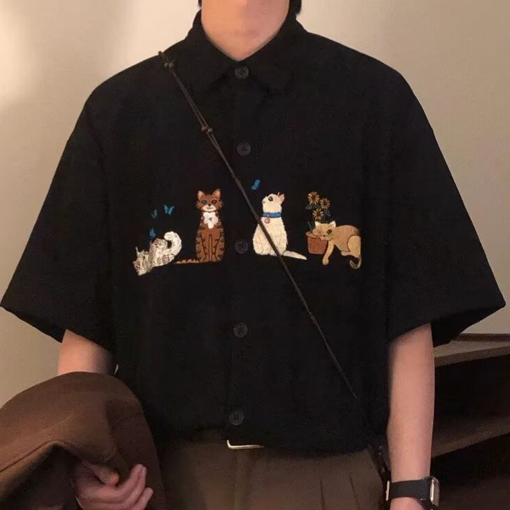 復古貓咪刺繡卡通文藝休閒短袖襯衫