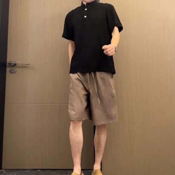 【單件/套裝】薄款垂感透氣短袖老錢風仿亞麻短褲兩件套