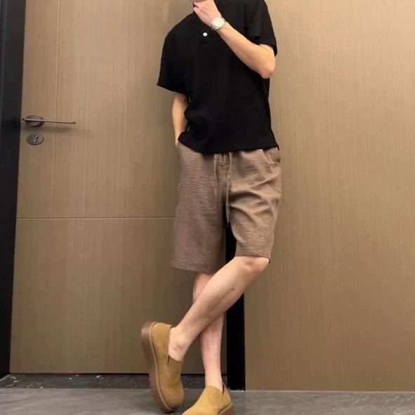 【單件/套裝】薄款垂感透氣短袖老錢風仿亞麻短褲兩件套