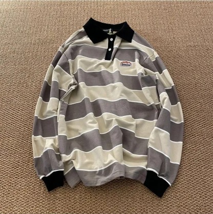 日系復古條紋長袖POLO潮流翻領T恤