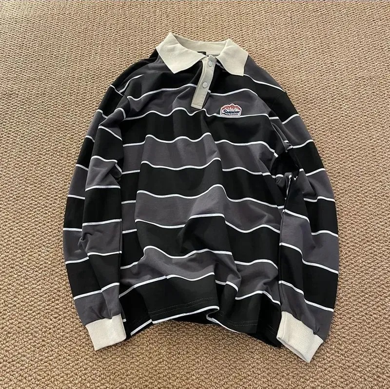 日系復古條紋長袖POLO潮流翻領T恤