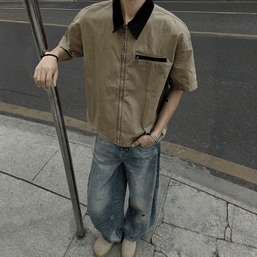 設計感百搭翻領寬鬆工裝拉鍊休閒短袖襯衫