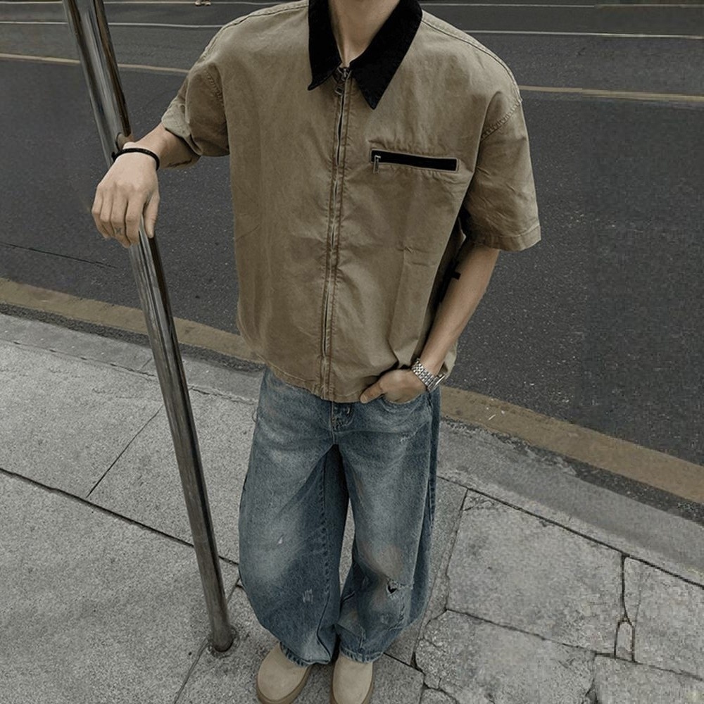 設計感百搭翻領寬鬆工裝拉鍊休閒短袖襯衫
