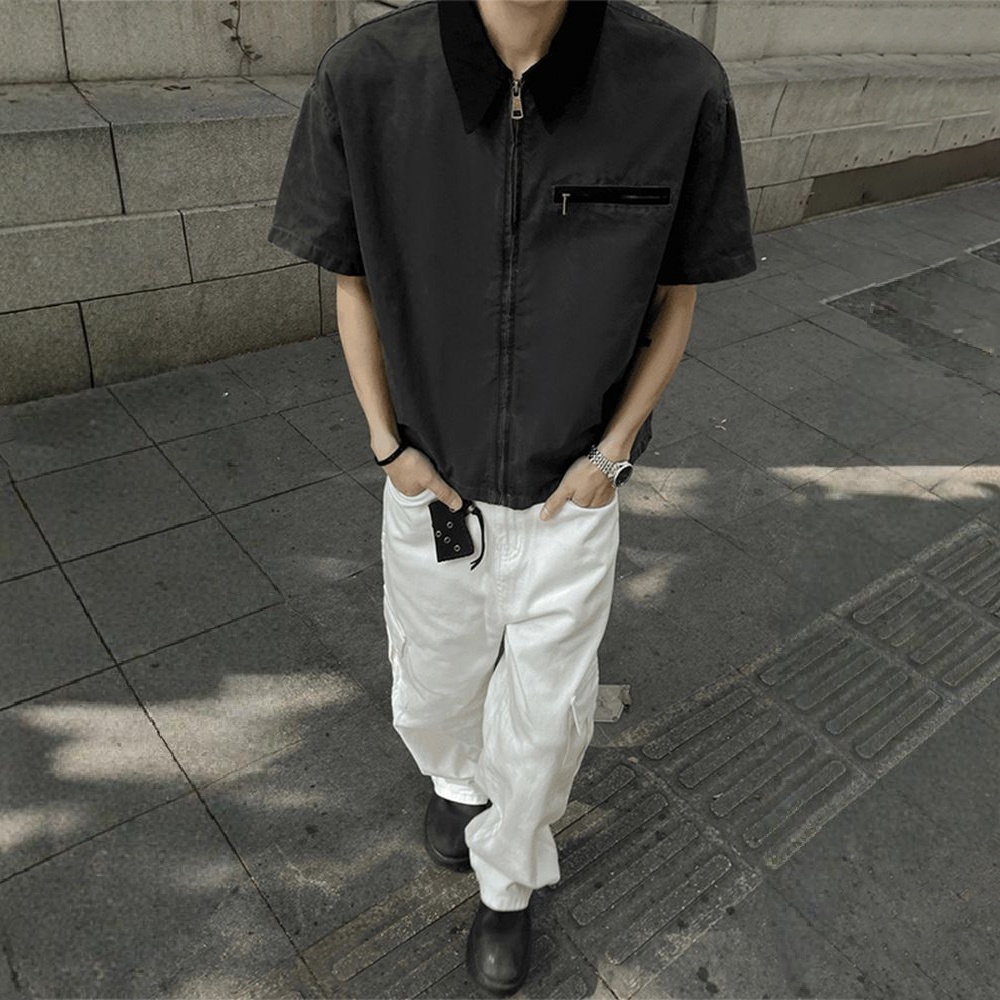 設計感百搭翻領寬鬆工裝拉鍊休閒短袖襯衫