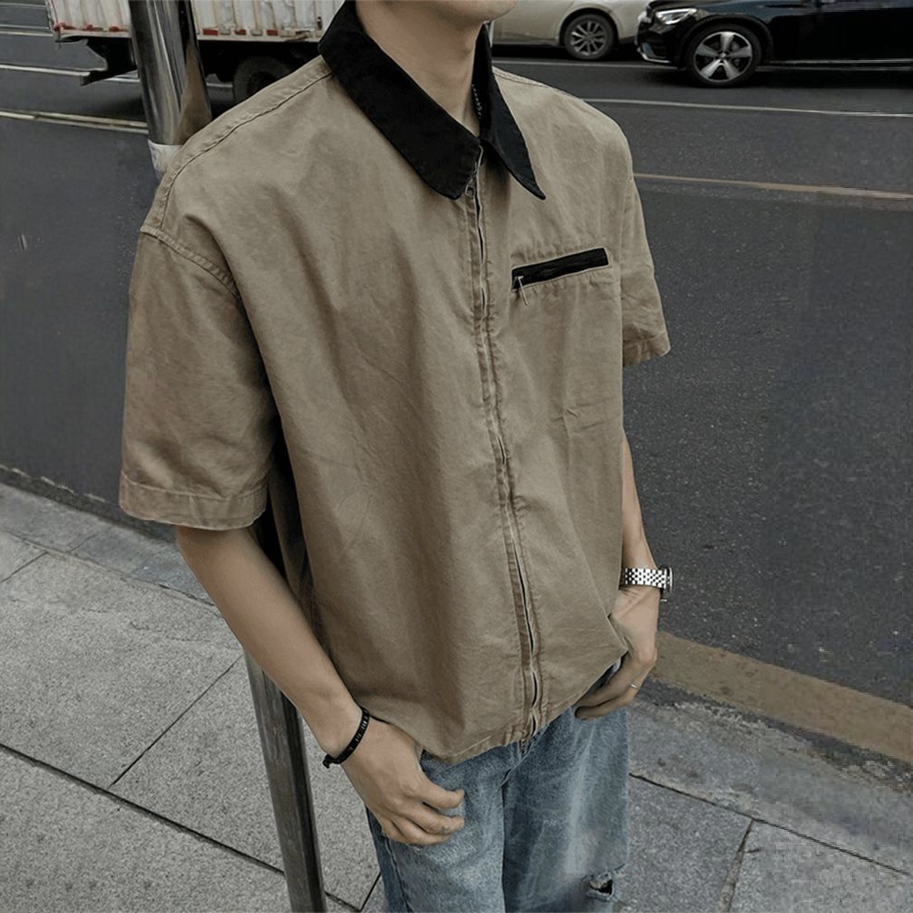 設計感百搭翻領寬鬆工裝拉鍊休閒短袖襯衫