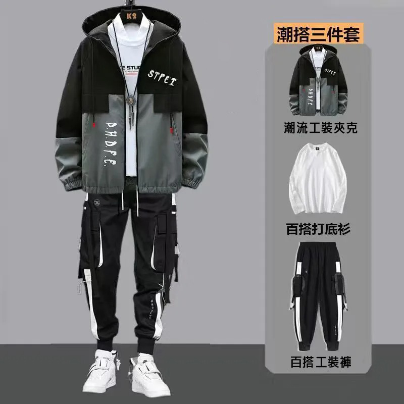 【單件/套裝】連帽帥氣潮牌夾克+百搭長袖T恤+撞色拼接工裝褲三件套套裝