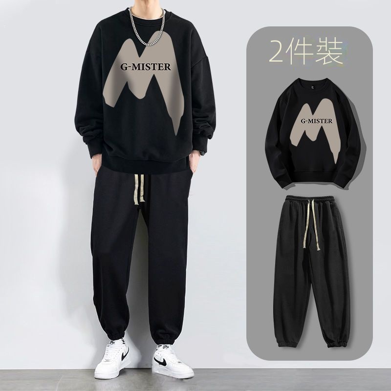 【單件/套裝】帥氣潮流圓領印花长袖T恤+休閒九分束脚褲兩件套