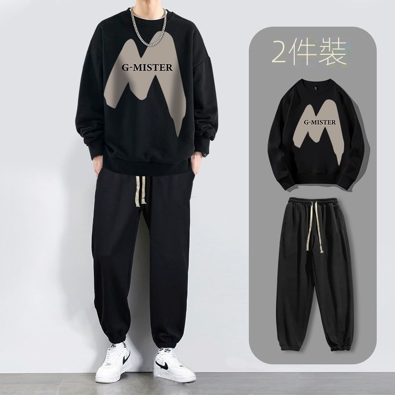 【單件/套裝】帥氣潮流圓領印花长袖T恤+休閒九分束脚褲兩件套