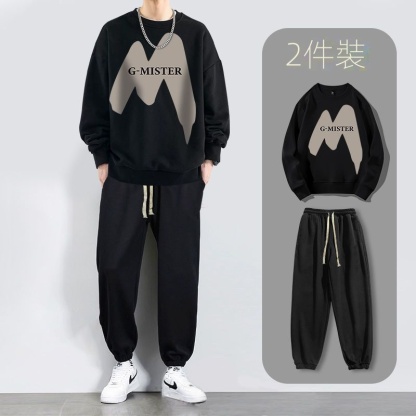 【單件/套裝】帥氣潮流圓領印花长袖T恤+休閒九分束脚褲兩件套