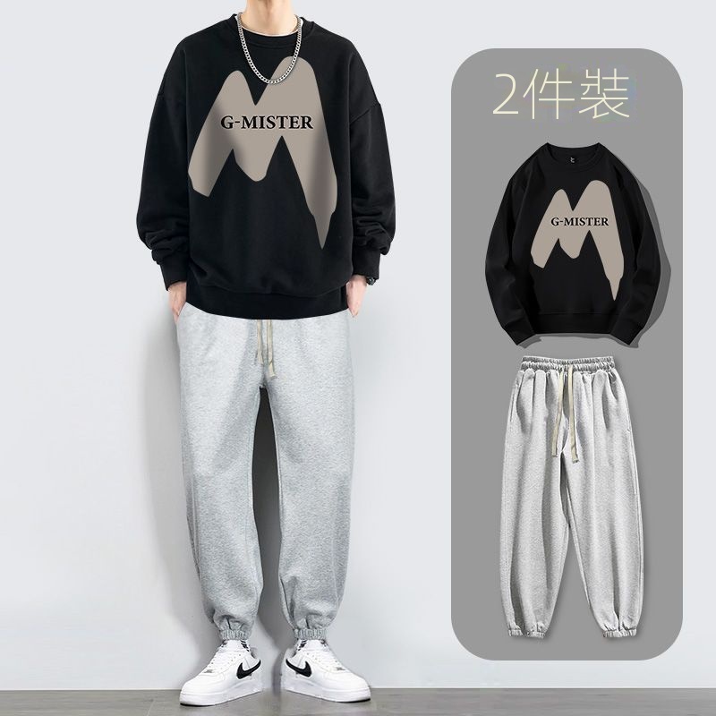 【單件/套裝】帥氣潮流圓領印花长袖T恤+休閒九分束脚褲兩件套