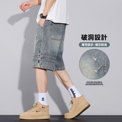美式寬鬆直筒休閒五分破洞牛仔短褲