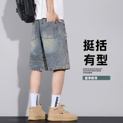 美式寬鬆直筒休閒五分破洞牛仔短褲
