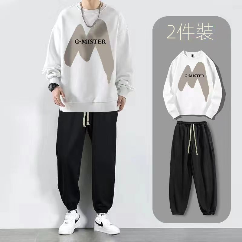 【單件/套裝】帥氣潮流圓領印花长袖T恤+休閒九分束脚褲兩件套