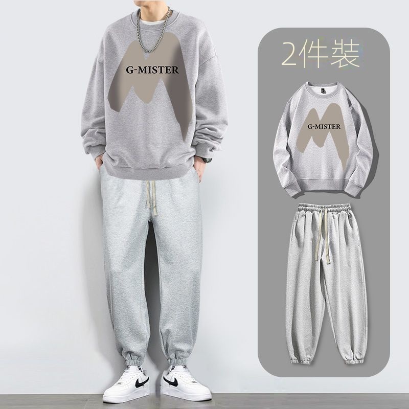 【單件/套裝】帥氣潮流圓領印花长袖T恤+休閒九分束脚褲兩件套