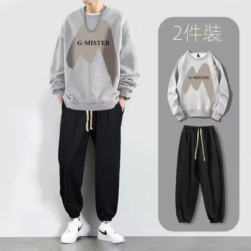 【單件/套裝】帥氣潮流圓領印花长袖T恤+休閒九分束脚褲兩件套