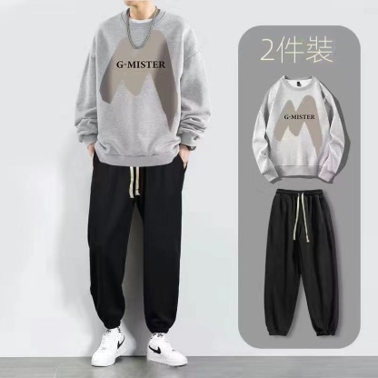 【單件/套裝】帥氣潮流圓領印花长袖T恤+休閒九分束脚褲兩件套