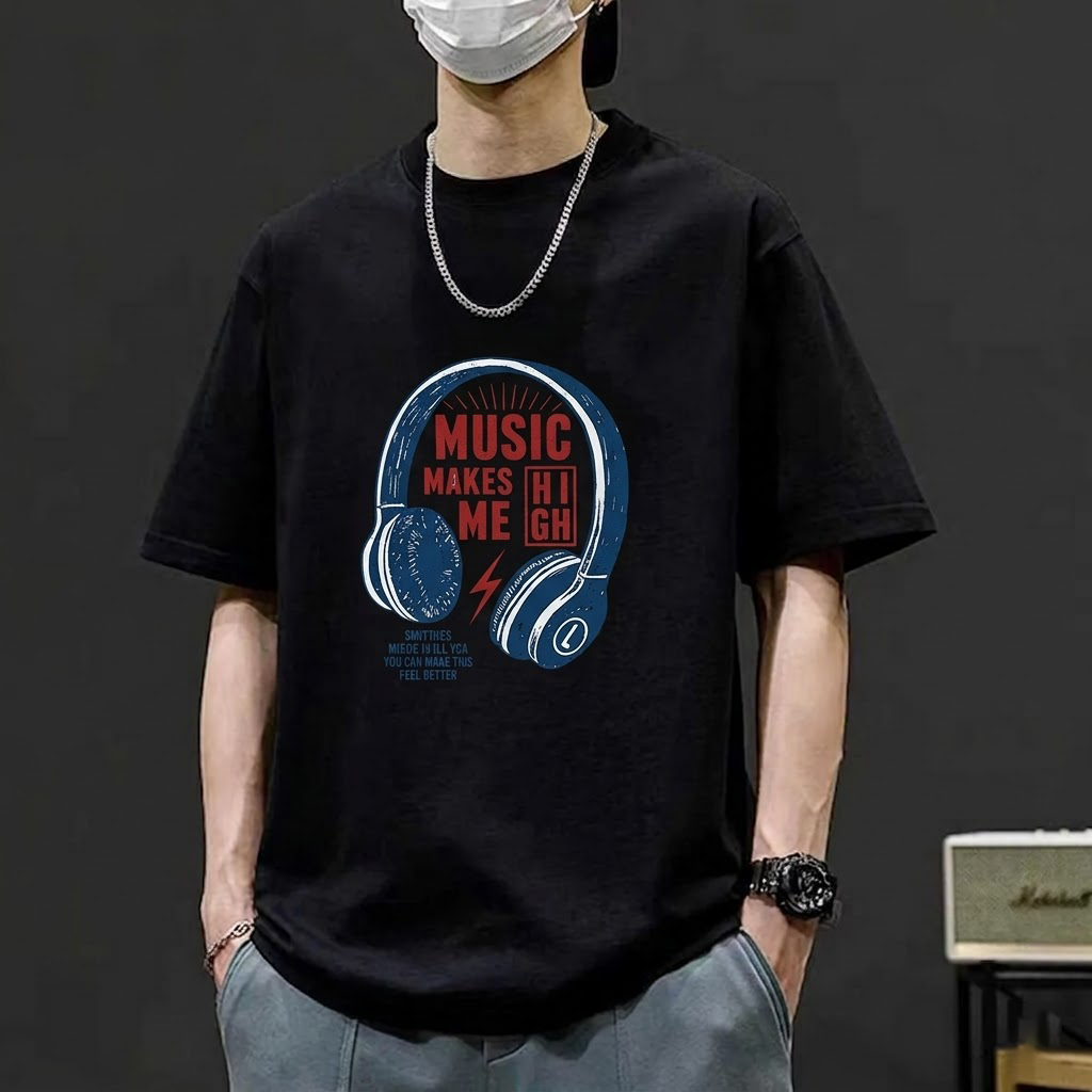 復古百搭大碼寬鬆耳機印花純棉短袖t恤