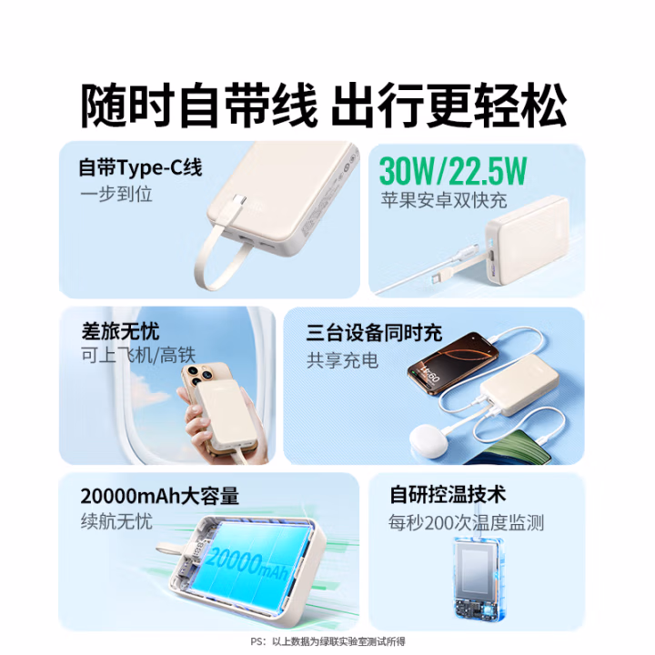 绿联30W自带线快充移动电源（PB521）