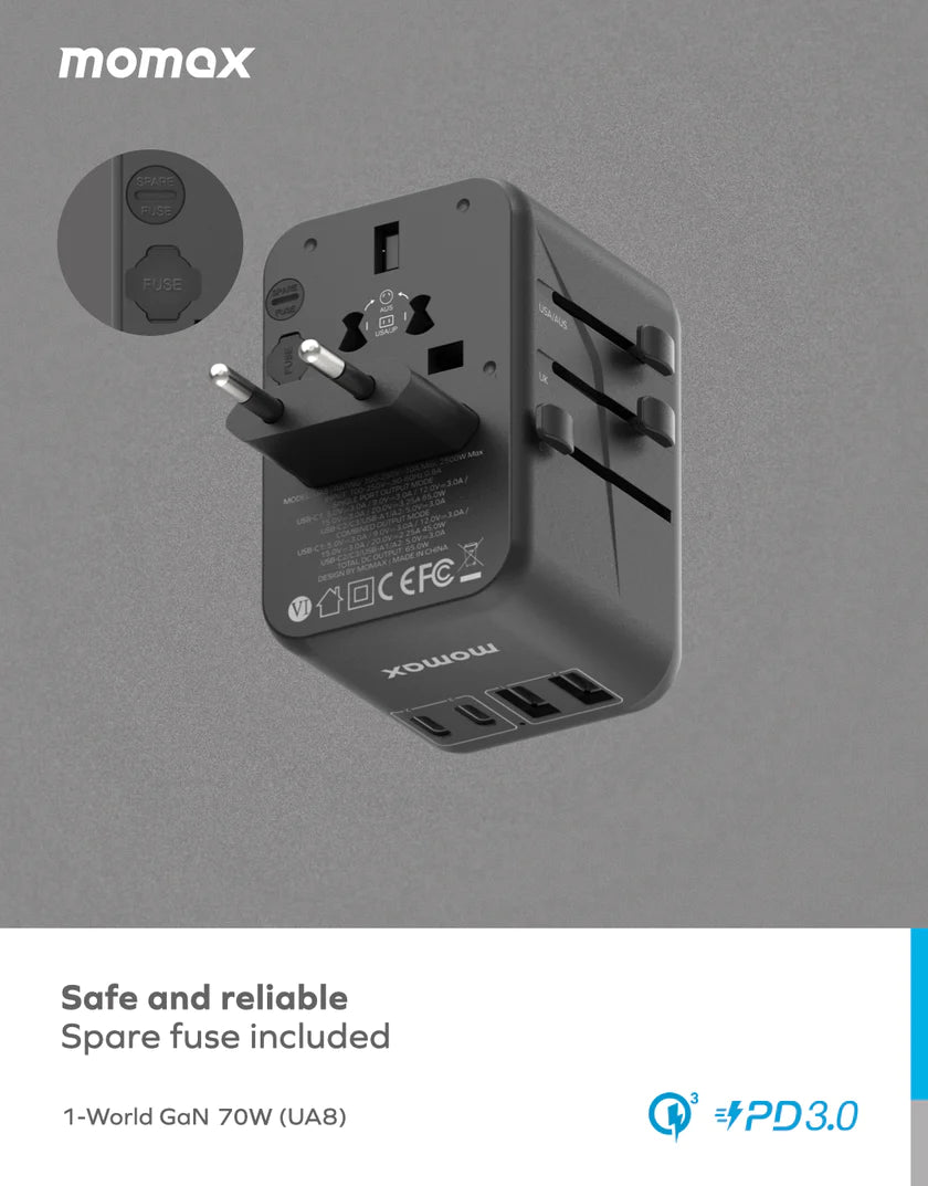 MOMAX 1-World 70W GaN Convenient Travel Socket [Hong Kong Genuine Goods] - DIGIBAL ONLINE