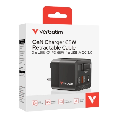 VERBATIM 65W GaN 充電器連伸縮USB-C充電線 - 32056  [香港行貨]