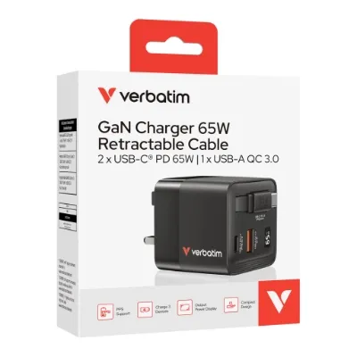 VERBATIM 65W GaN 充電器連伸縮USB-C充電線 - 32056  [香港行貨]