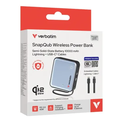 Verbatim SnapQub 10000mAh Qi2.2 45W/25W半固態磁吸尿袋（內置雙線）香港行貨
