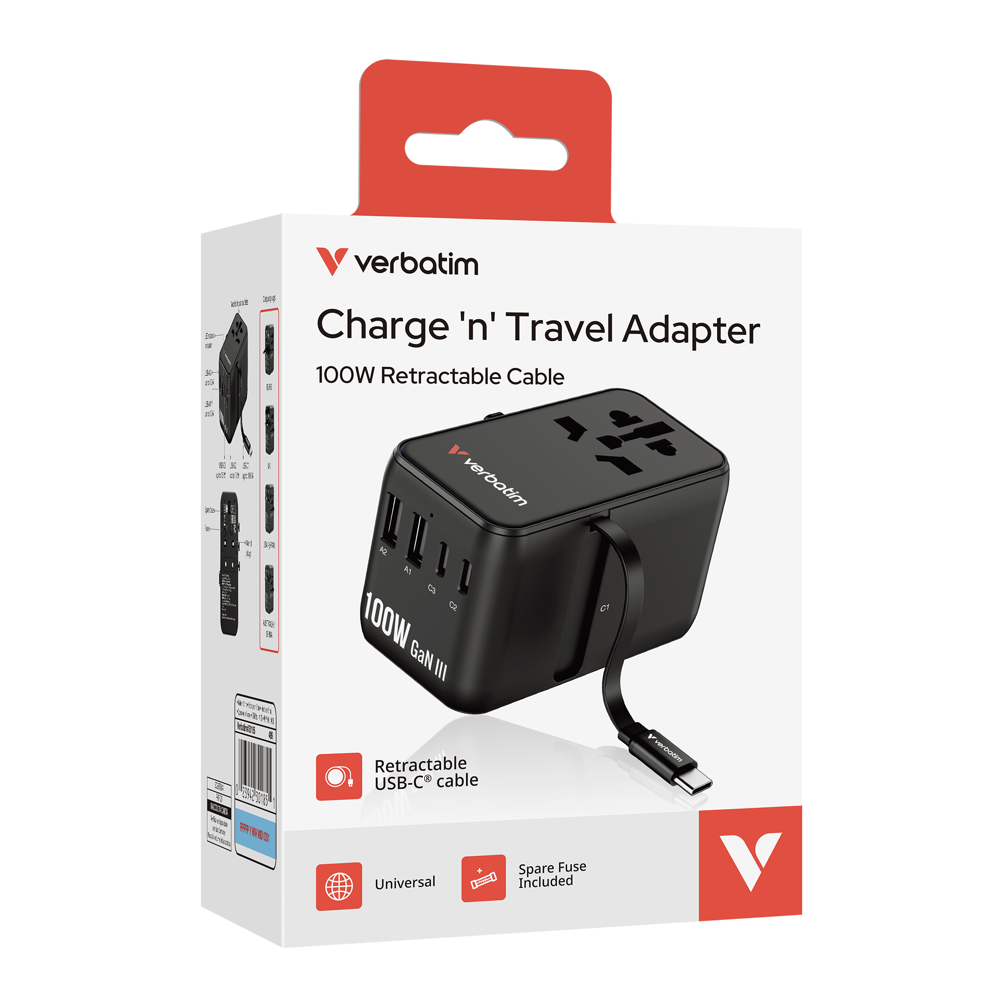 VERBATIM Charge 'n' Travel 100W 通用旅行轉插 (附USB-C可伸縮充電線) 30185 (香港行貨)