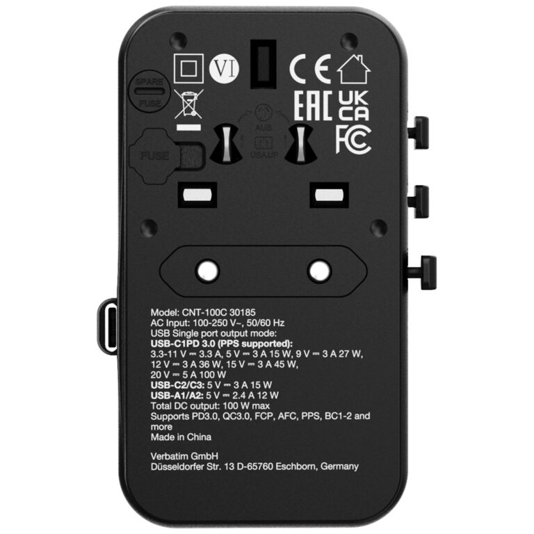 VERBATIM Charge 'n' Travel 100W 通用旅行轉插 (附USB-C可伸縮充電線) 30185 (香港行貨)