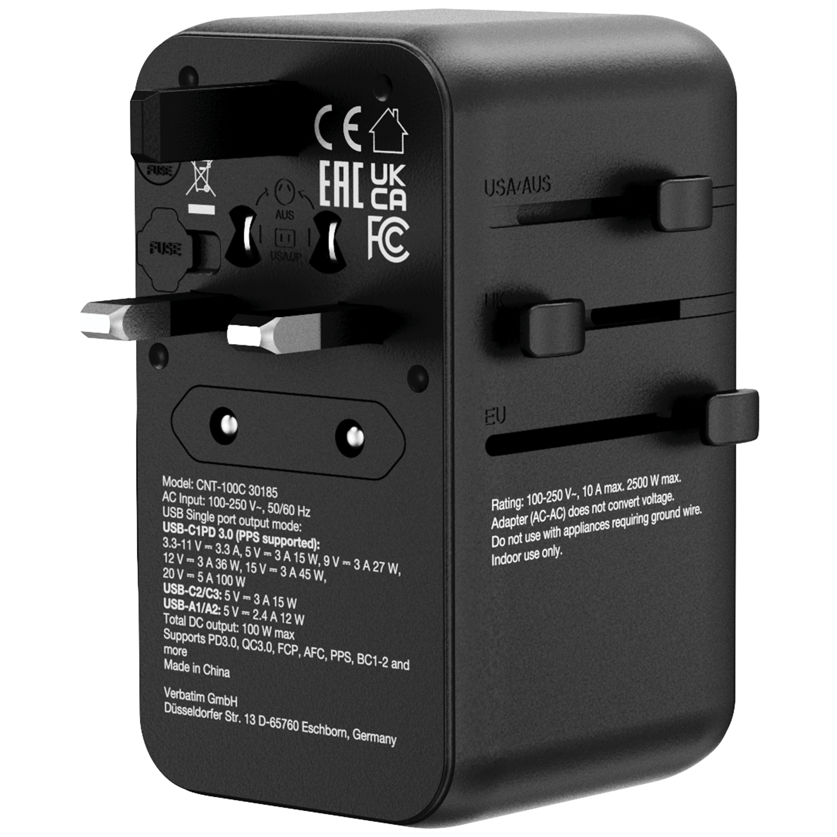 VERBATIM Charge 'n' Travel 100W 通用旅行轉插 (附USB-C可伸縮充電線) 30185 (香港行貨)