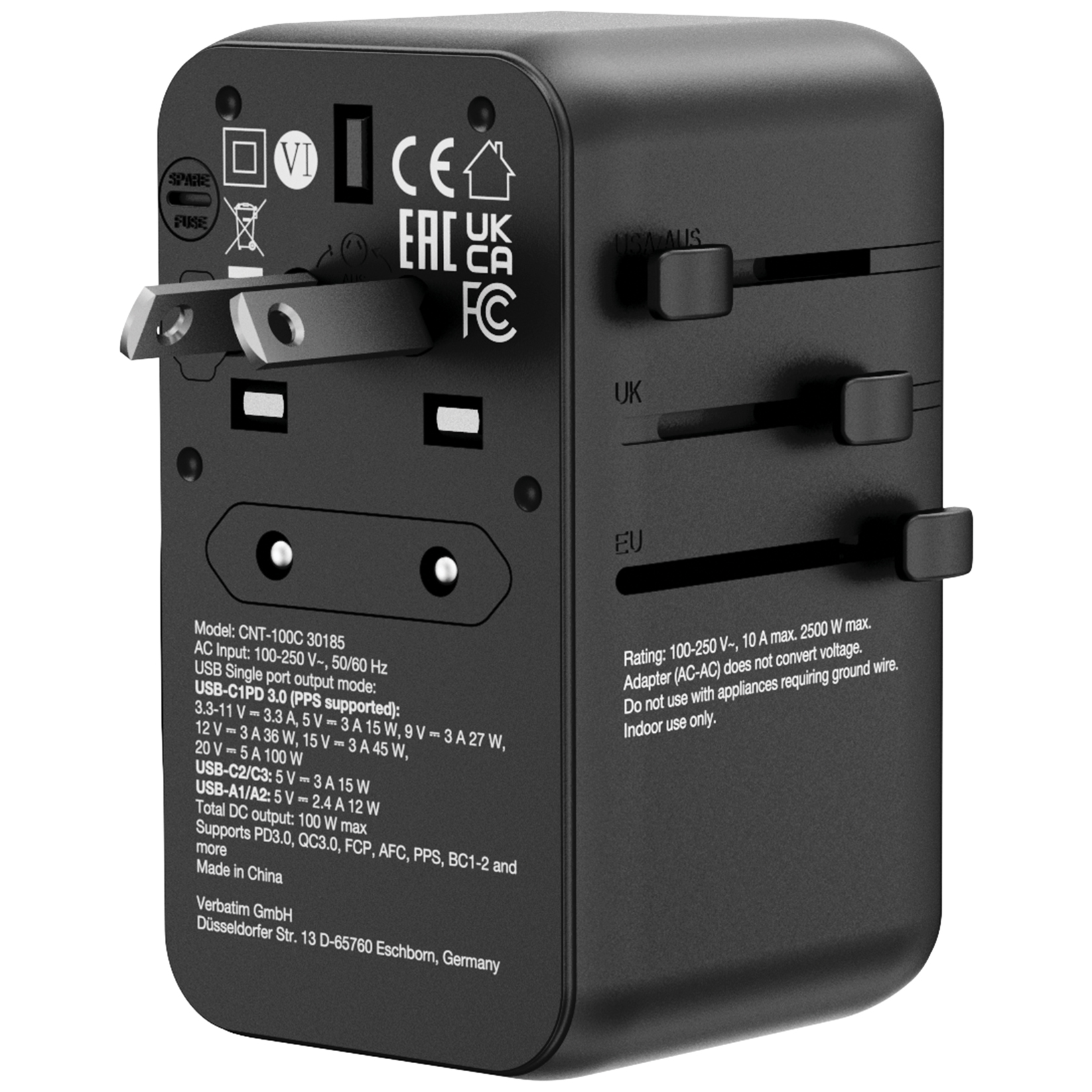 VERBATIM Charge 'n' Travel 100W 通用旅行轉插 (附USB-C可伸縮充電線) 30185 (香港行貨)