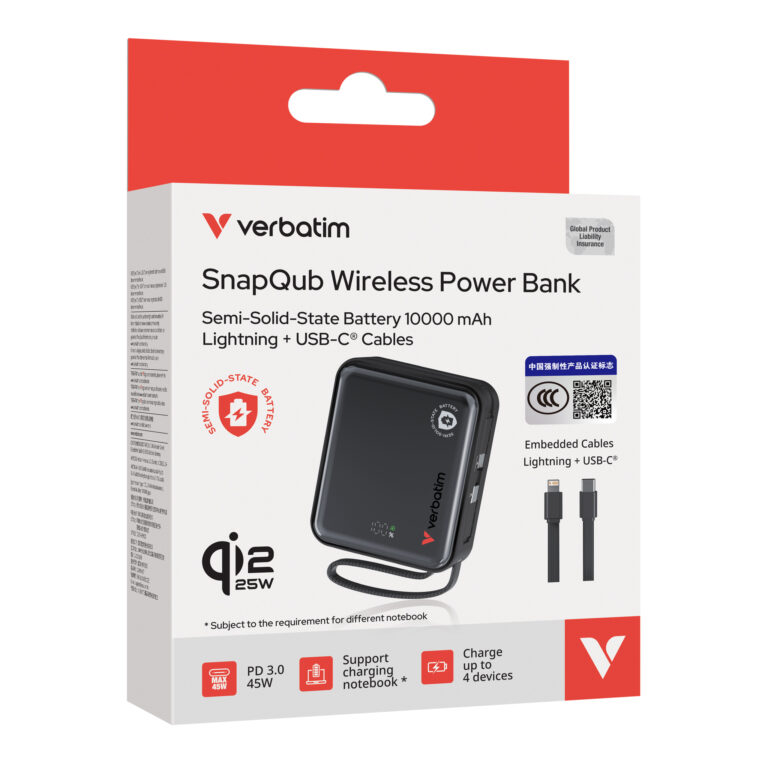 Verbatim SnapQub 10000mAh Qi2.2 45W/25W半固態磁吸尿袋（內置雙線）香港行貨