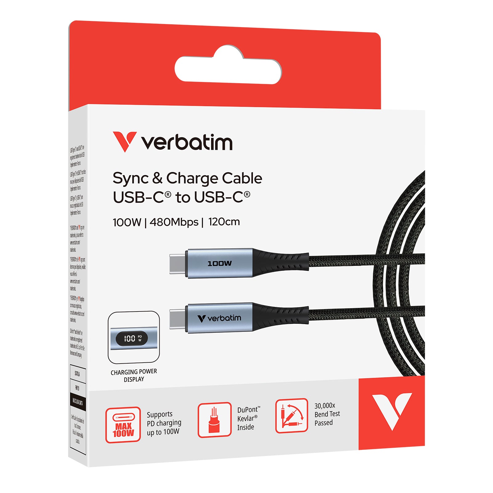 VERBATIM 100W USB-C 至 USB-C 充電傳輸線附 LED 顯示屏 -  120 CM (31848)【原裝行貨】-DIGIBAL ONLINE