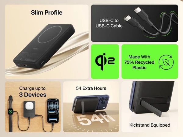 BELKIN BoostCharge 10K Qi2 磁吸流動電源連支架 黑色 BPD016fqBK 香港行貨 產品圖