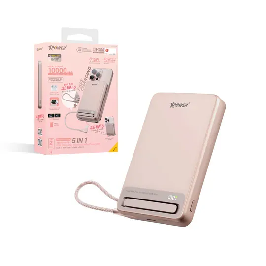 XPower MagNetoPlus Q10 Pro鋁合金10000mAh 45W PD3.0支架內置線及數顯QI2磁吸移動電源 [香港行貨一年保養]