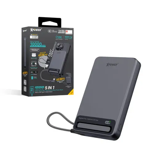 XPower MagNetoPlus Q10 Pro鋁合金10000mAh 45W PD3.0支架內置線及數顯QI2磁吸移動電源 [香港行貨一年保養]
