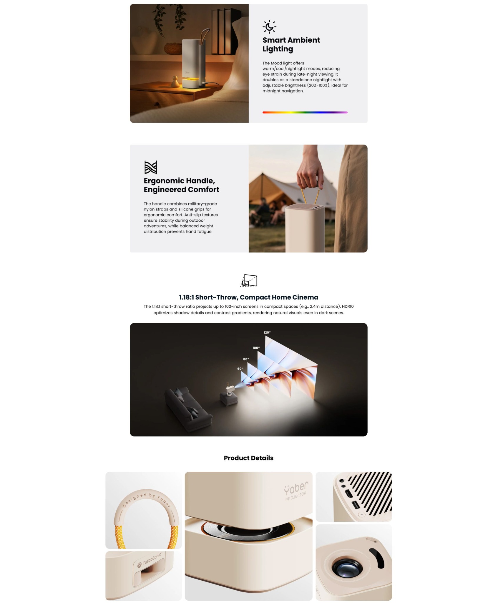 Ambient Light, Handle, Projection Ratio, and Detail Close-Up Image