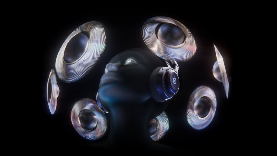 An abstract image of manikin wearing headphones, surrounded by levitating speakers.