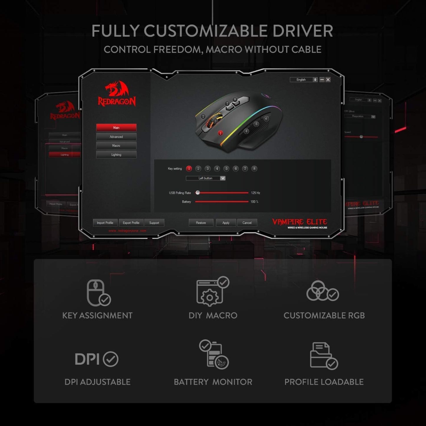 Redragon M686RGB 特大手掌型 Vampire Elite 16000 DPI Wired/Wireless Gamer Mouse with Professional Sensor, 45-Hour Reliable Power Capacity, Customizable Macro and RGB Backlight [行貨一年保養]