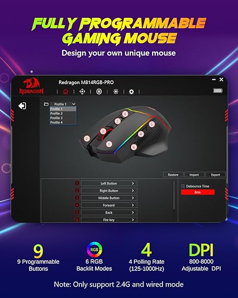 Redragon M814 RGB Pro Tri-Mode 2.4G/Bluetooth/USB-C, 7 Programmable Buttons, Tactile Rapid Fire Key, 8000 DPI RGB Ergonomic Mouse