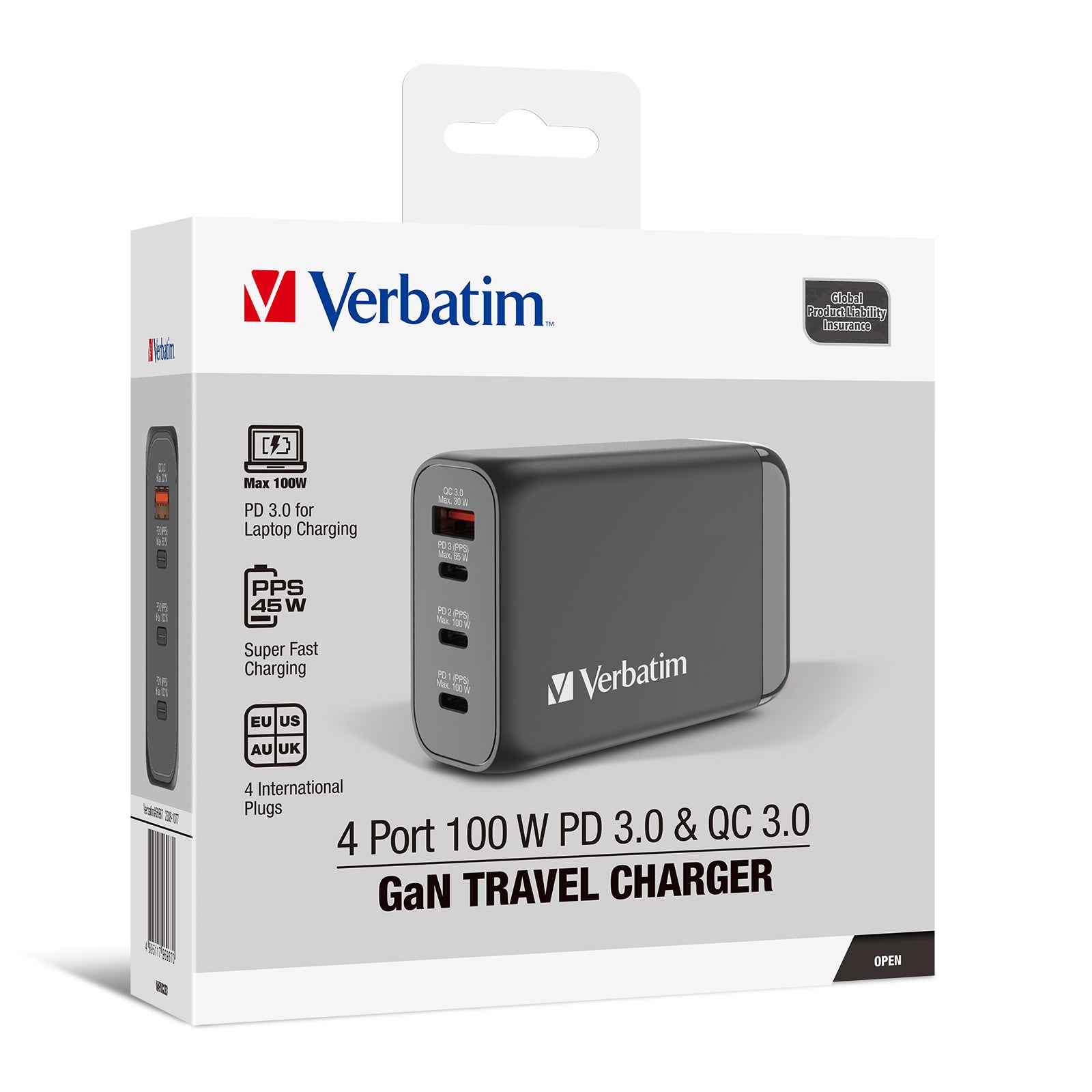 VERBATIM 4端口100W PD 3.0 & QC 3.0 GaN旅行充電器 [香港行貨] - 66967-DIGIBAL ONLINE