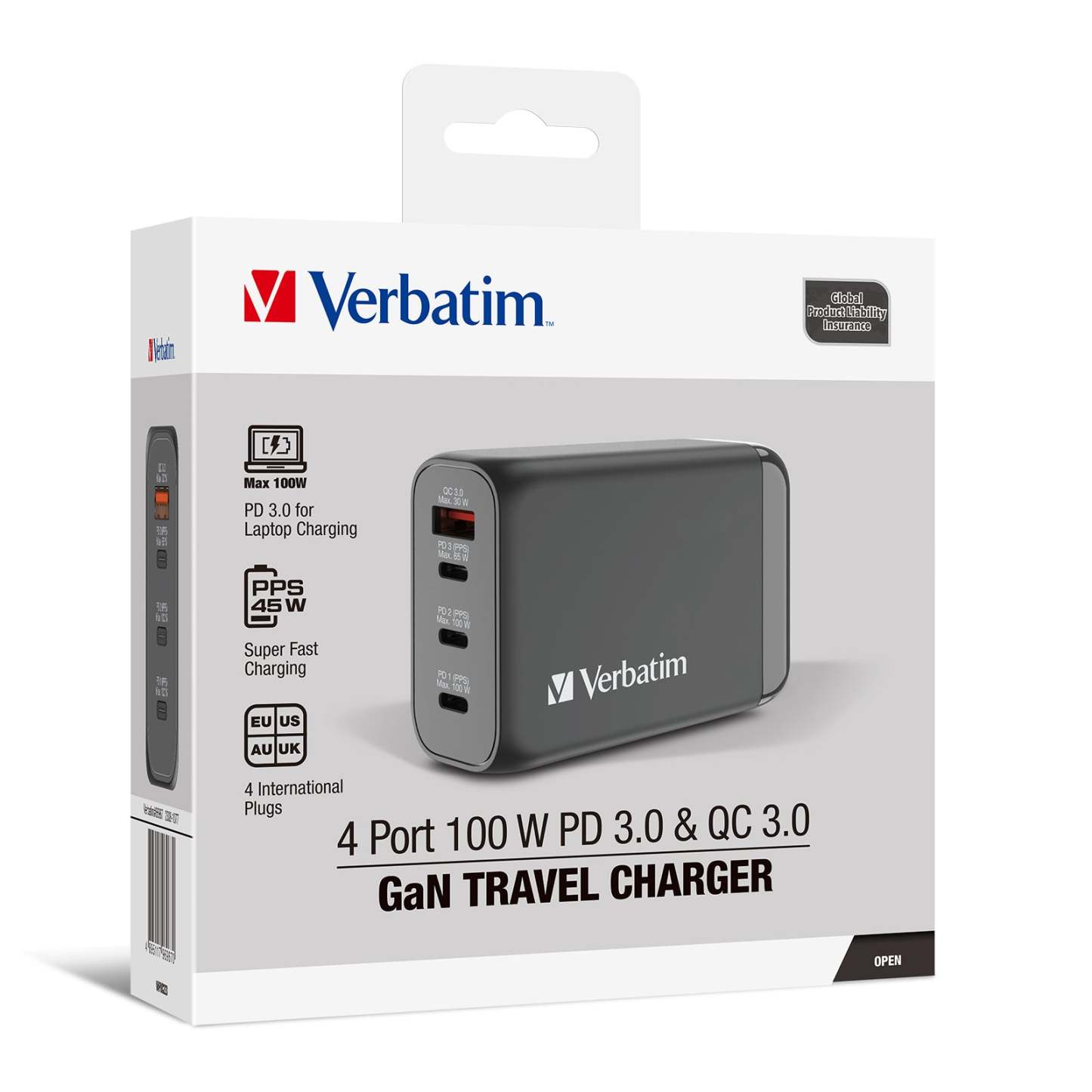 VERBATIM 4端口100W PD 3.0 & QC 3.0 GaN旅行充電器 [香港行貨] - 66967-DIGIBAL ONLINE