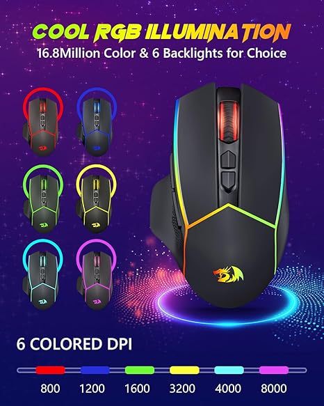 Redragon M814 RGB Pro Tri-Mode 2.4G/Bluetooth/USB-C, 7 Programmable Buttons, Tactile Rapid Fire Key, 8000 DPI RGB Ergonomic Mouse