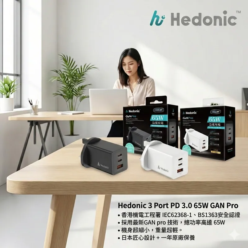 Hedonic 3 Port PD 3.0 65W GAN Pro 快充英規火牛 [香港行貨一年保養]