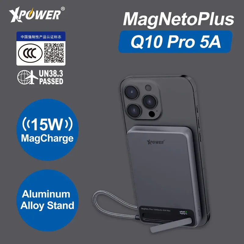 XPower MagNetoPlus Q10 Pro鋁合金10000mAh 45W PD3.0支架內置線及數顯QI2磁吸移動電源 [香港行貨一年保養]