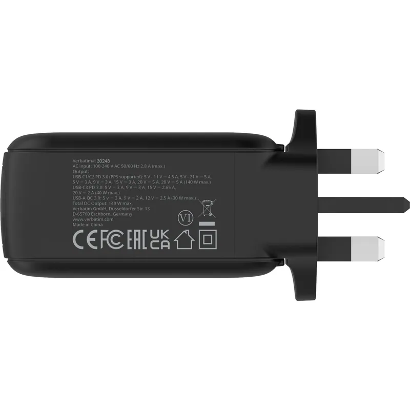VERBATIM 140W迷你GaN牆式充電器 (帶顯示屏+英規插頭) 30248 [香港行貨]