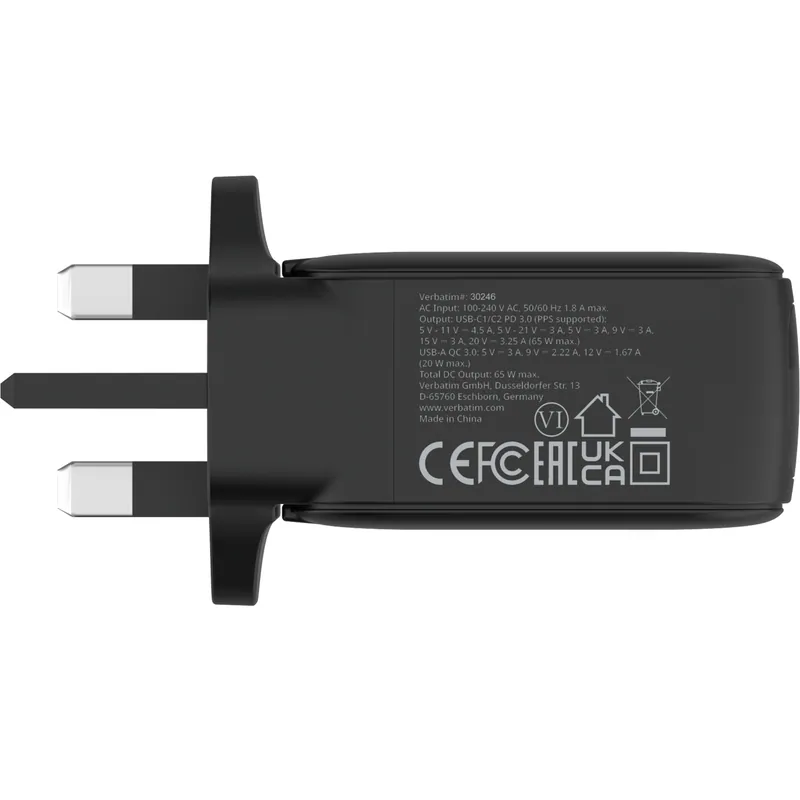 VERBATIM 65W迷你GaN牆式充電器(帶顯示屏+英規插頭) - 30246 [香港行貨]