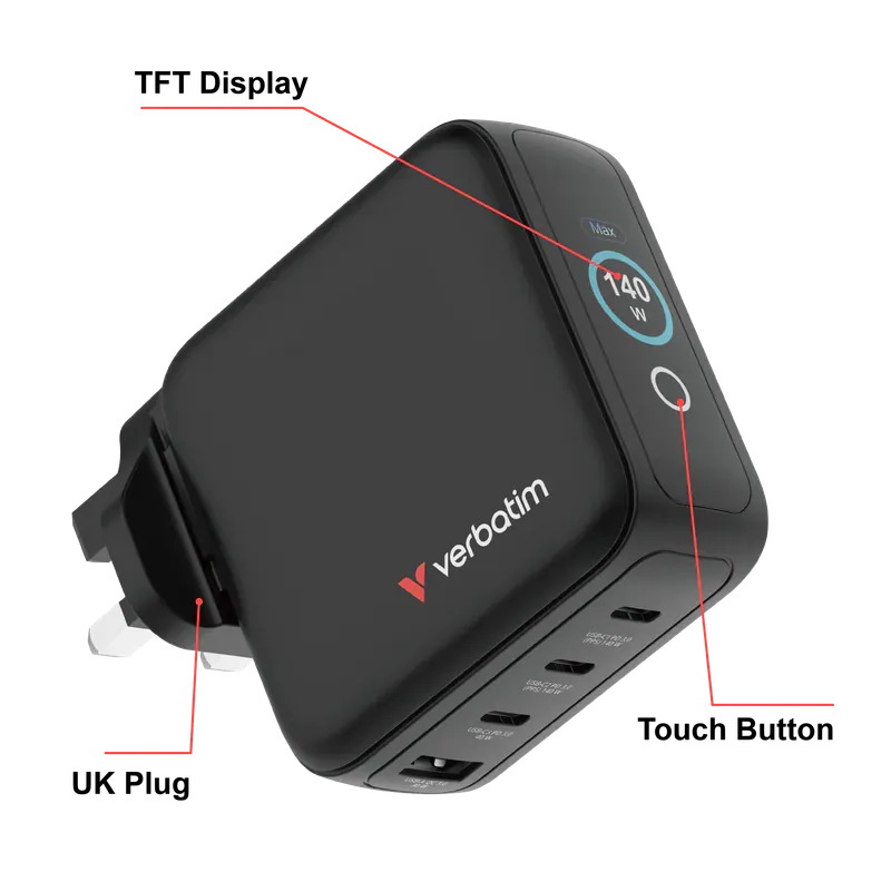 VERBATIM 140W迷你GaN牆式充電器 (帶顯示屏+英規插頭) 30248 [香港行貨]
