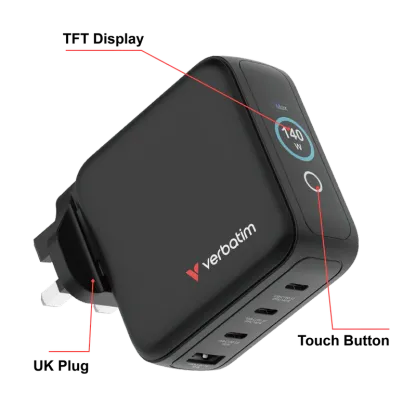 VERBATIM 140W迷你GaN牆式充電器 (帶顯示屏+英規插頭) 30248 [香港行貨]